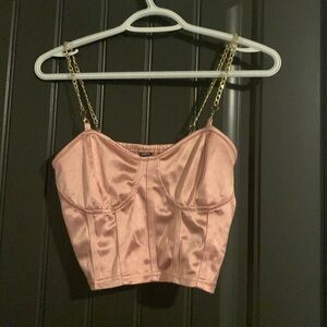 SHEIN pink silk corset top with gold chain straps